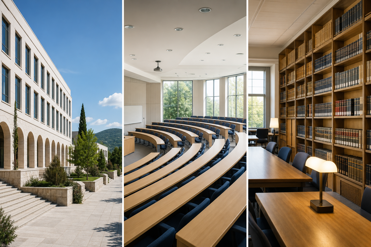 Prostori fakulteta: zgrada, amfiteatar i biblioteka